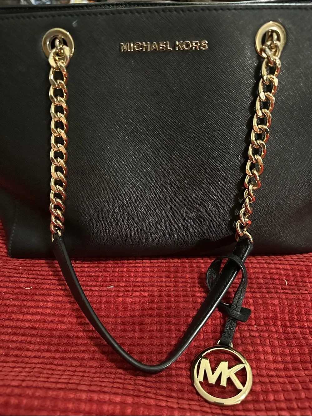 Michael Kors Black Leather Tote with Gold Chain and MK Charm